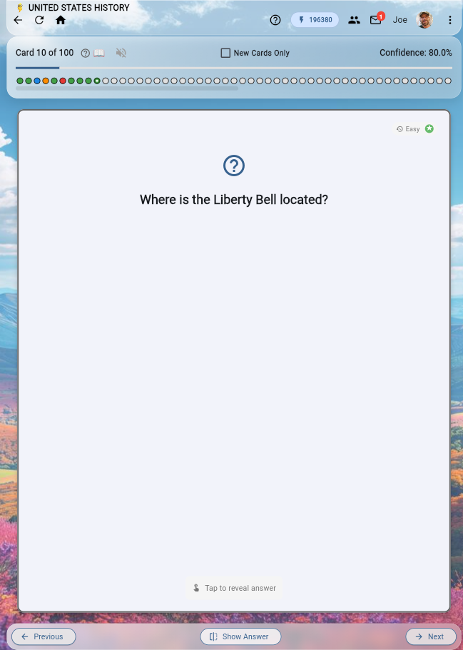 Flashcard study mode showing a question with progress indicators and confidence tracking