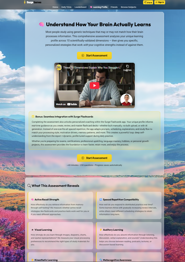 Learning assessment showing 10 dimensions including visual, auditory, and kinesthetic learning