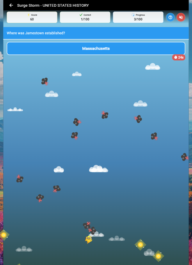 Surge Storm arcade game with score tracking and timed questions